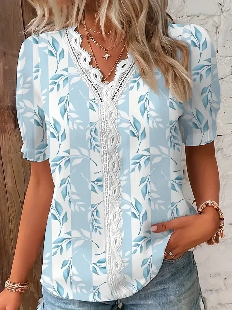 2024 Fashion Casual Vacation Shirt Women Summer V Neck Hollow Out Solid Color Blouse Female Elegant Striped Jacquard Casual Tops Quick Pick Grocers