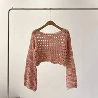 Long Sleeve Crochet Knit Top Summer Beach Bikini Cover Up Crop Pullover Wool Knitwear Blouse Women Vacation Boho Outfit Quick Pick Grocers