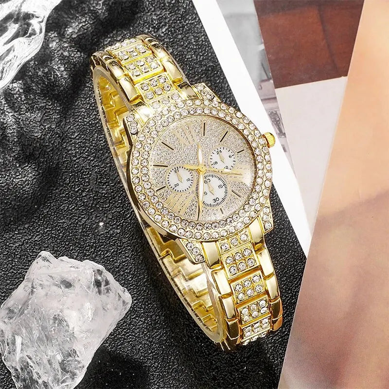 Women's Quartz Watch Gold Luxury Women Ring Necklace Earring Rhinestone Fashion Wristwatch Casual Ladies Watches Jewelry Set Quick Pick Grocers