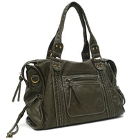 Vintage Washed PU Leather Large Capacity Tote Zip Pockets Braid Decor Shoulder Cross body Bag Unisex Women Daily Travel Handbag Quick Pick Grocers
