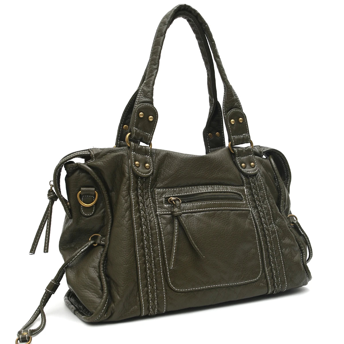 Vintage Washed PU Leather Large Capacity Tote Zip Pockets Braid Decor Shoulder Cross body Bag Unisex Women Daily Travel Handbag Quick Pick Grocers