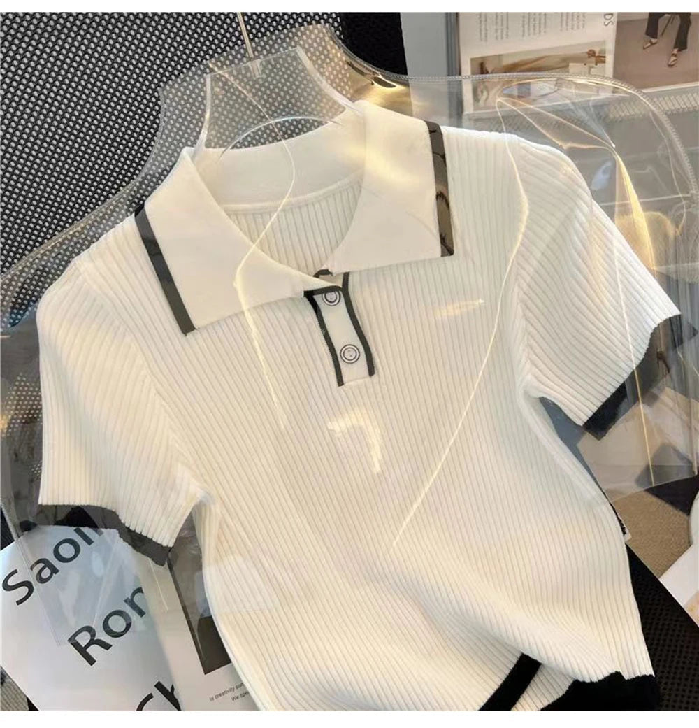 Ice silk knitted short sleeved T-shirt for women's summer 2024 new fashionable and stylish polo shirt top Quick Pick Grocers