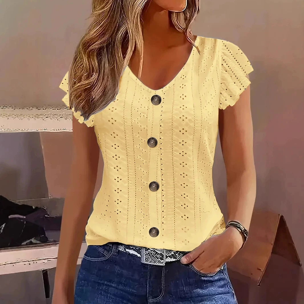 2025 Spring/Summer new women's fashion stylish commute casual solid color multi-color ruffle sleeve V-neck T-shirt Quick Pick Grocers