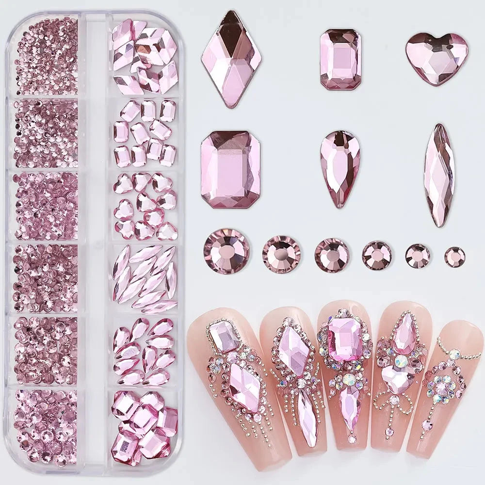 2400pcs+ Shiny Clear Crystal Gems Nail Rhinestones 1.5-4mm Mixed Round Glass Stone Flatback Nail Charms 12grids Nail Diamond DIY Econic Blanks