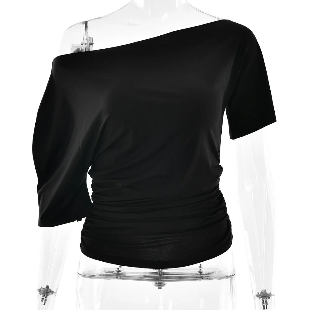 Off Shoulder Ruched Crop Top Women Basics Solid Color Skew Collar Short Sleeve T-shirts Summer Casual Streetwear Tees Quick Pick Grocers