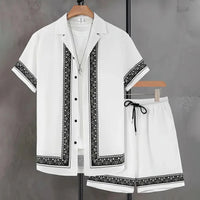 2024 New Men's Summer Holiday Suit Retro Textured Printed Border Shirt Short Sleeve Shorts Two Piece Men's Breathable Pool Suit Quick Pick Grocers