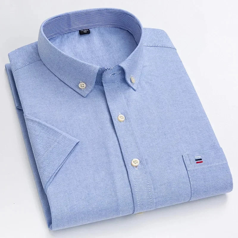 Men's high-quality Oxford cotton short sleeved shirt for summer comfort breathable classic solid color plaid business leisure Quick Pick Grocers