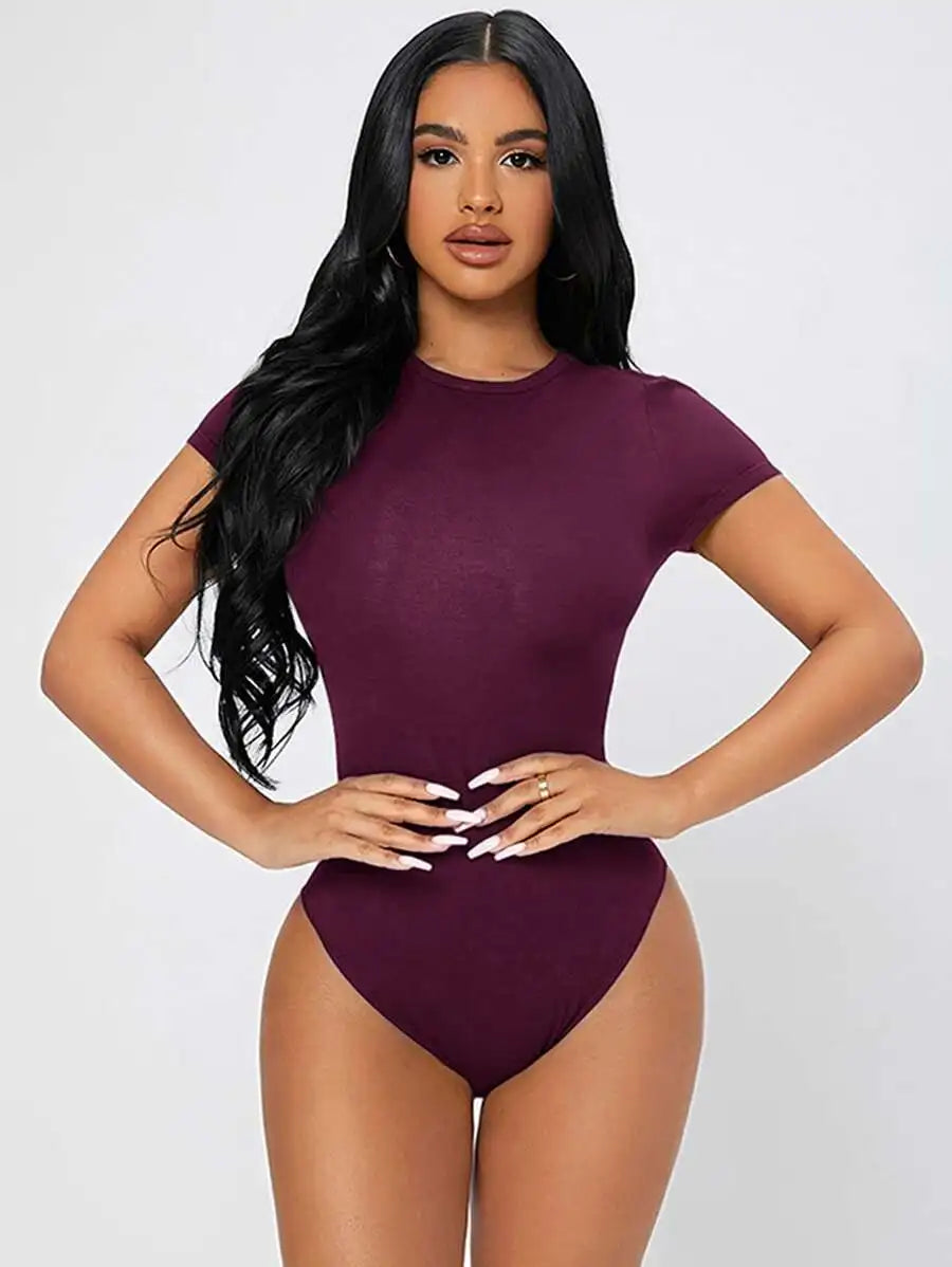 Petite Solid Slim Fit Short Sleeve Bodycon Bodysuit for Women Quick Pick Grocers