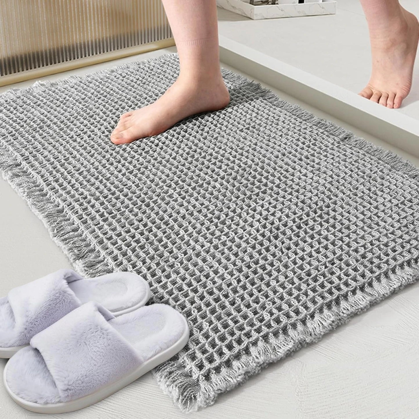 Waffle Bathroom Rugs Soft Non Slip Machine Washable Super Absorbent Bath Mats with Tassels for Bathroom Floor Tub Beside Decor Quick Pick Grocers