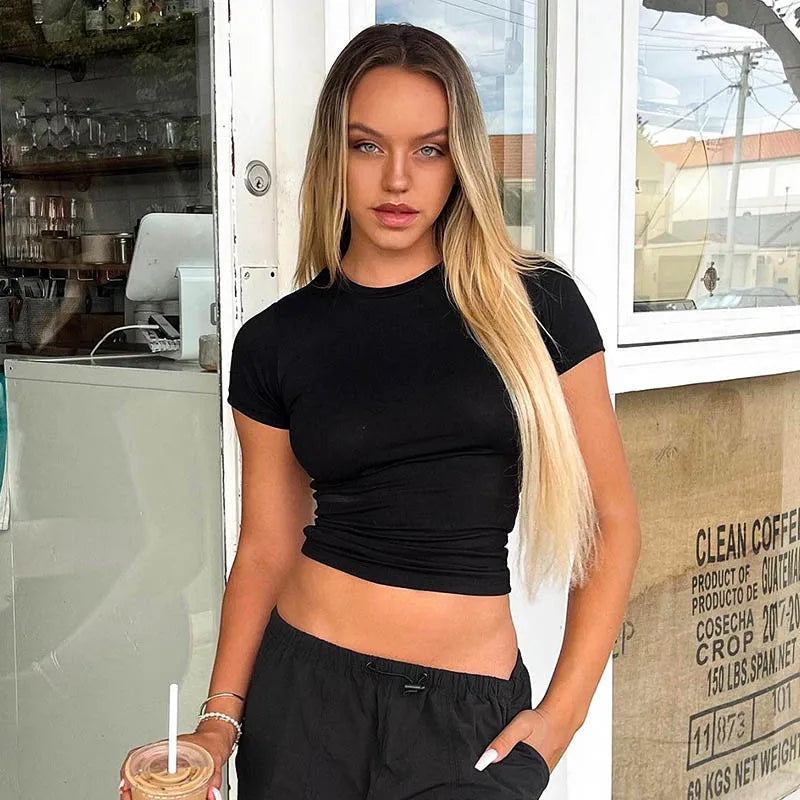 2024 Spring New Short Sleeve T-Shirt Women Solid Simple Casual Soft All-Match Hot Basic Crop Tops Tees Summer Fashion Quick Pick Grocers