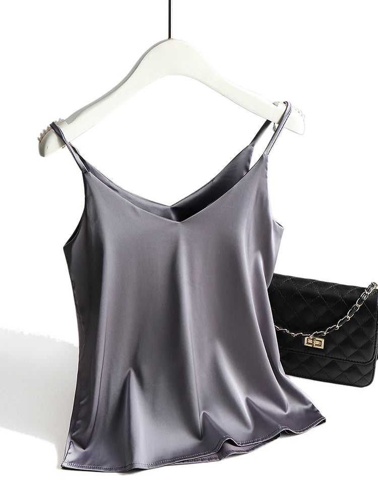 AOSSVIAO 2026 Spaghetti Strap Top Women Halter V Neck Basic White Cami Sleeveless Satin Silk Tank Tops Women'S Summer Camisole Quick Pick Grocers