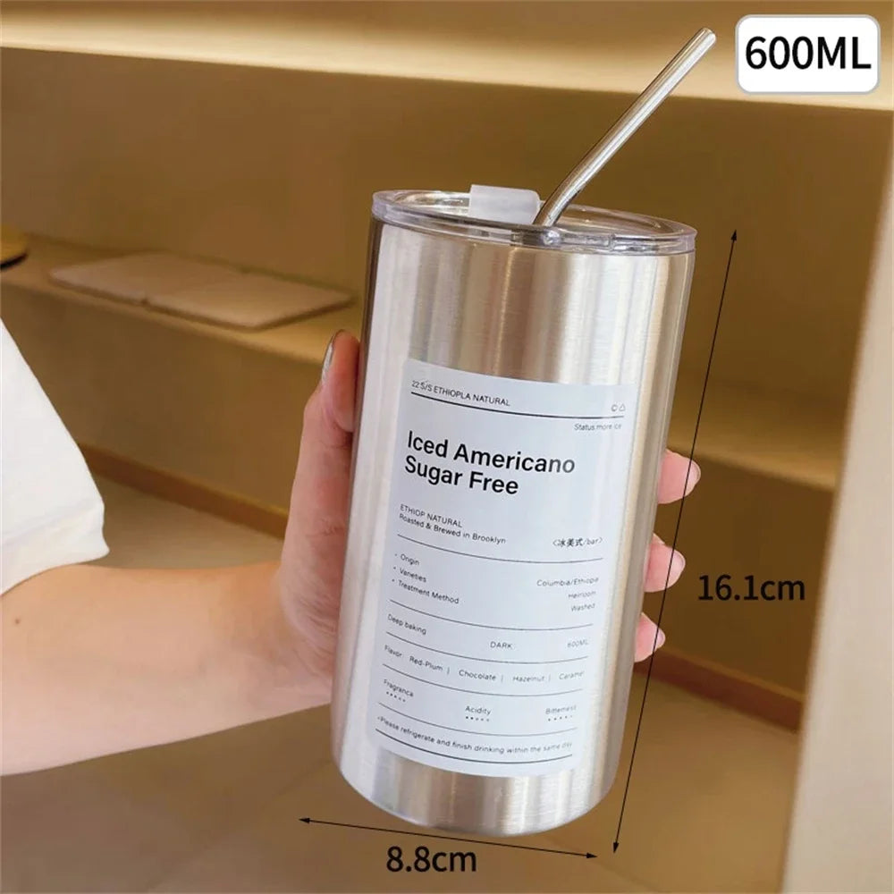 Portable 600ml Thermos Cup 304 Stainless Steel Coffee Mug Thermal Leak-proof Water Bottle with Straw Insulated Bottle Drinkware Quick Pick Grocers