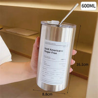 Portable 600ml Thermos Cup 304 Stainless Steel Coffee Mug Thermal Leak-proof Water Bottle with Straw Insulated Bottle Drinkware Quick Pick Grocers