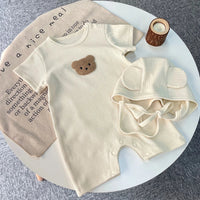 New In Summer Kids Baby Girls Boys Short Sleeve Waffle Patch Bear Infant Newborn Jumpsuits Cotton Romper Gift Hat with Ear Econic Blanks