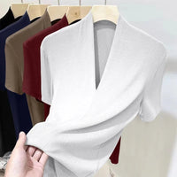 Threaded New Short Sleeved Top for Women Summer Fashion Versatile Base Shirt Plus Size Slim Fit V-neck T-shirt Casual and Sexy Quick Pick Grocers