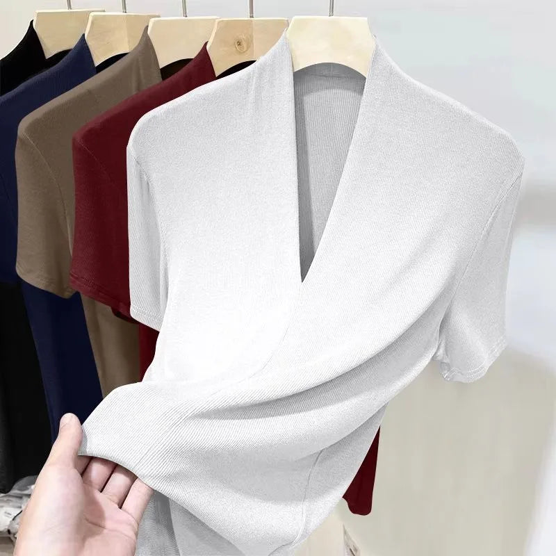 Threaded New Short Sleeved Top for Women Summer Fashion Versatile Base Shirt Plus Size Slim Fit V-neck T-shirt Casual and Sexy Quick Pick Grocers
