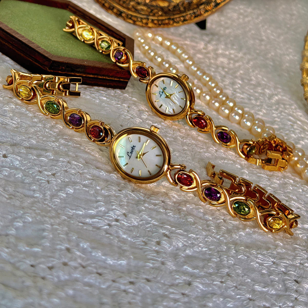 1pc New High-End Luxury Women's Watch Embedded With Colorful Tourmalines, Diamonds And An Oval Shaped Mother Of Pearl Dial. Quick Pick Grocers