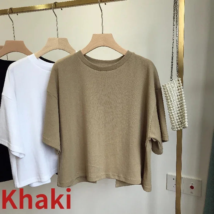 Summer New Ladies Casual Backless T-Shirt 2023 Korean Women Round Neck Loose Sweet Spicy Wind Short-Sleeved Crop Tops Quick Pick Grocers