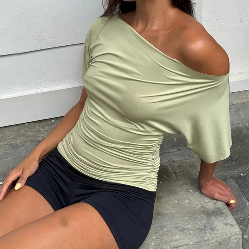 Off Shoulder Ruched Crop Top Women Basics Solid Color Skew Collar Short Sleeve T-shirts Summer Casual Streetwear Tees Quick Pick Grocers