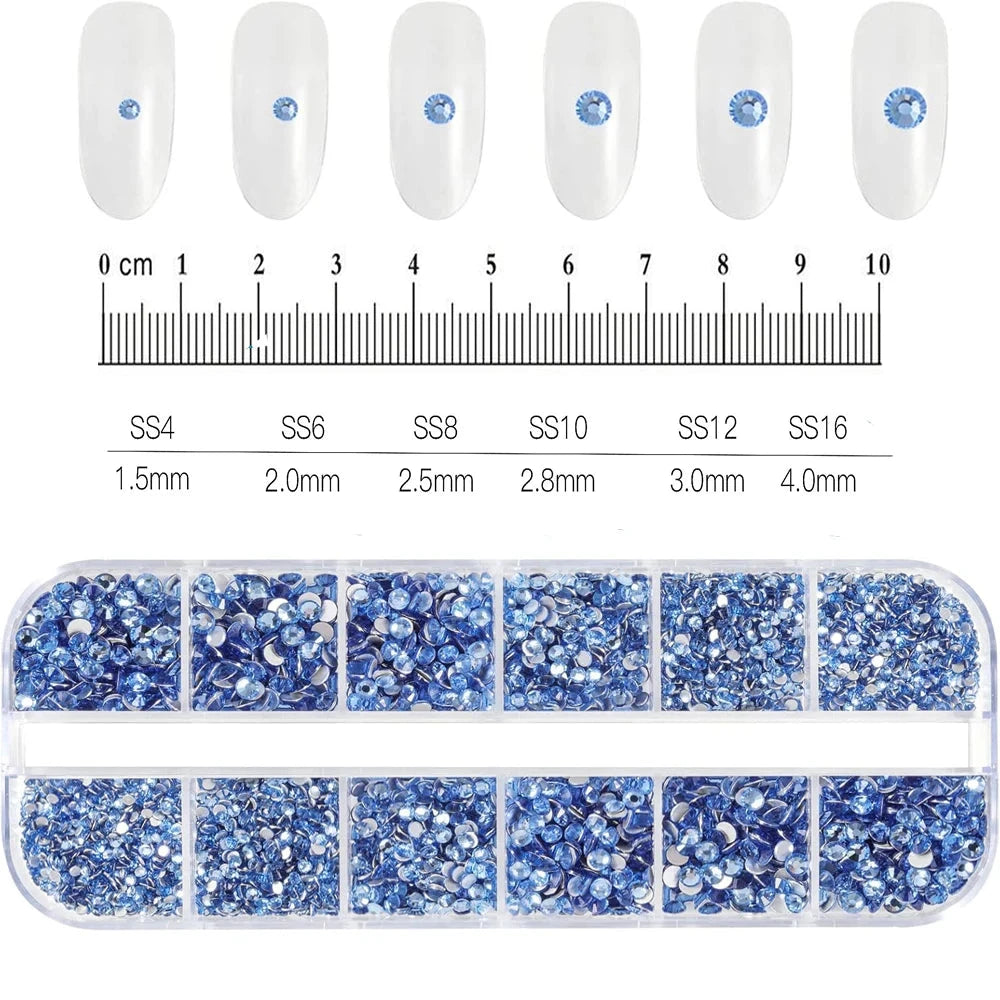 2400pcs+ Shiny Clear Crystal Gems Nail Rhinestones 1.5-4mm Mixed Round Glass Stone Flatback Nail Charms 12grids Nail Diamond DIY Econic Blanks