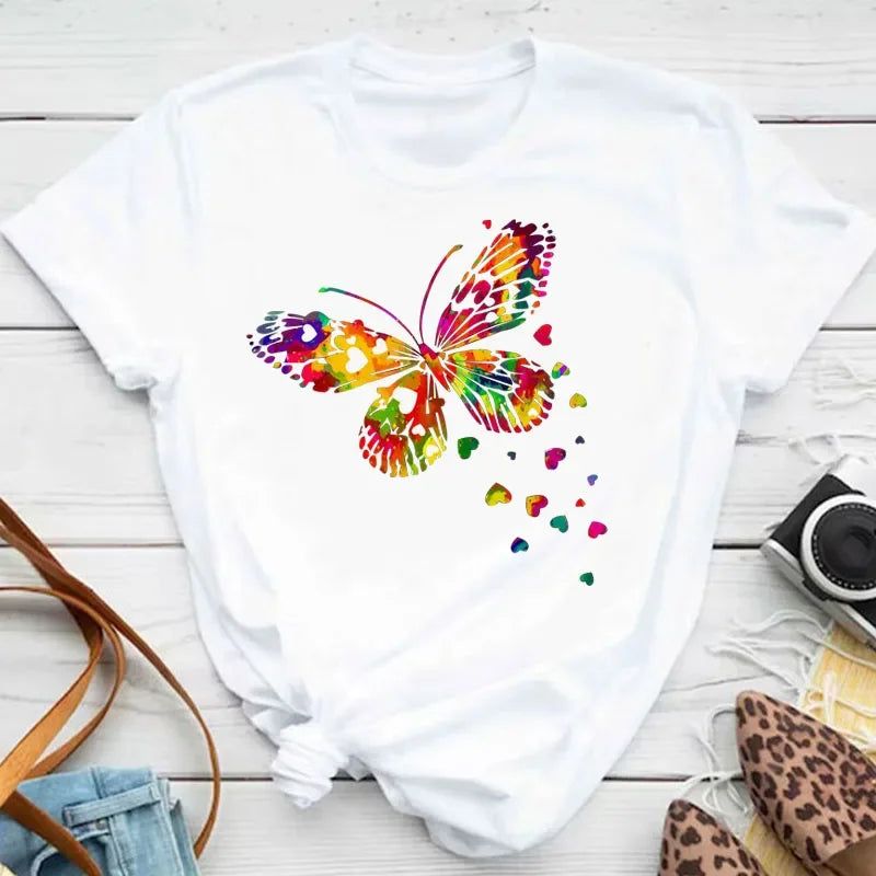 New Fashion Women T-shirt Colorful Butterfly Petal Print Short Sleeve and Round Neck Cute Graphic Tee Shirts Female Tops Clothin Quick Pick Grocers