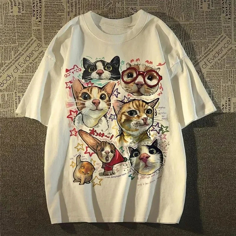 American Retro Fun Cartoon Cat Print Short-sleeved T-shirt Women's Summer Loose Top T-shirt Graphic T Shirts Women Clothing Y2K Quick Pick Grocers