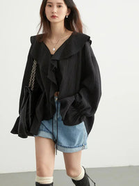 CHIC VEN Women Shirt Loose Casual Ruffled Edges Female Blouses Solid V Neck Lace Up Mid Length Ladies Shirts Spring Summer 2026 Quick Pick Grocers