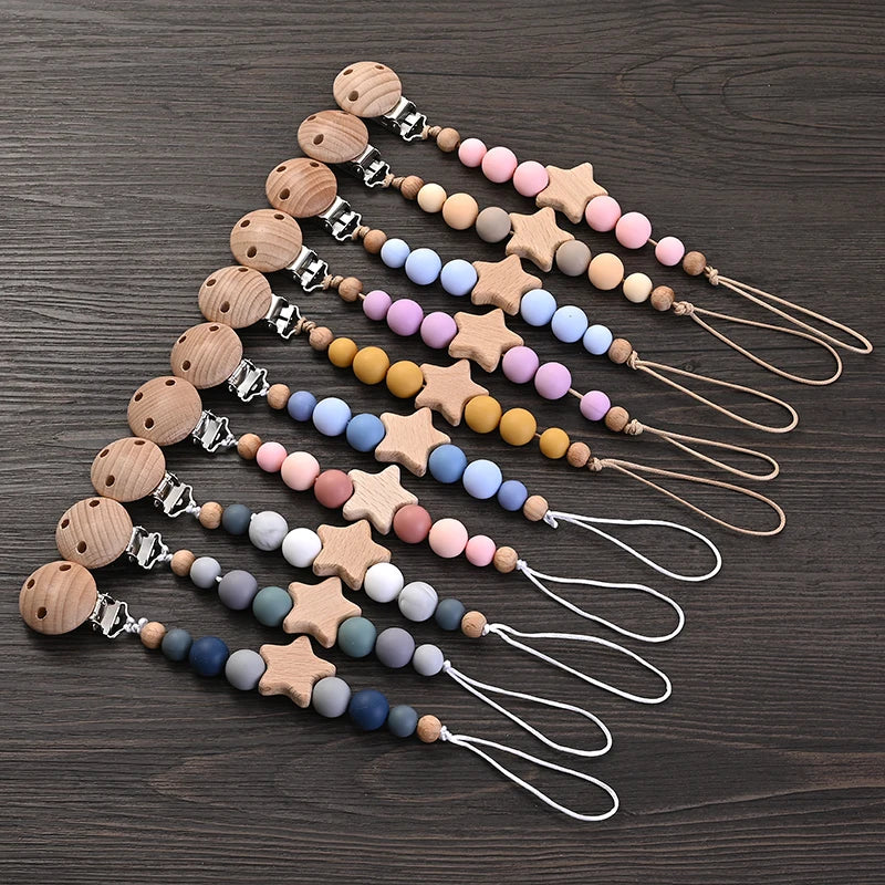 Baby Pacifier Chain Clips Wood Pentagram Teether Silicone Round Beads Teething Chain For Baby Care Soother Chew Toys Shower Gift Purest Peak