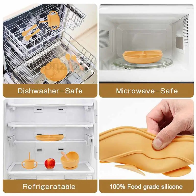 Baby Feeding Plate Sets Suction Bowl Silicone Plate For Kids 6Pcs Children Tableware Personalized Name Dinner Dishes Cups Spoon Purest Peak