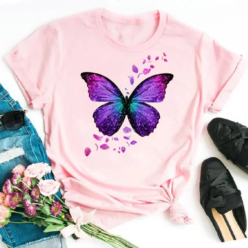 New Fashion Women T-shirt Colorful Butterfly Petal Print Short Sleeve and Round Neck Cute Graphic Tee Shirts Female Tops Clothin Quick Pick Grocers