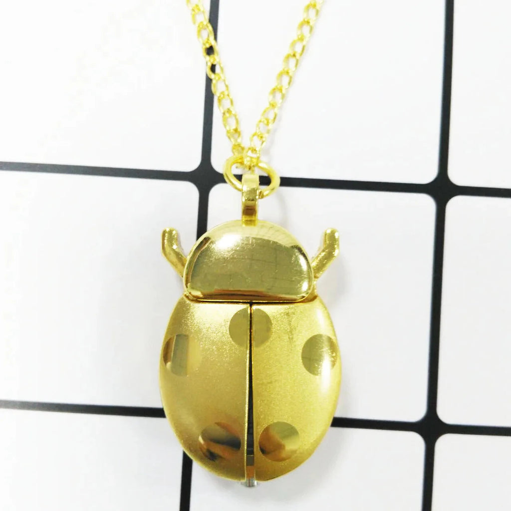 New Fashion Cute Small Golden Beetle Pocket Watchs With Chain Lightweight Necklace Pendant Clock Adult Children Ladybug Watch Quick Pick Grocers