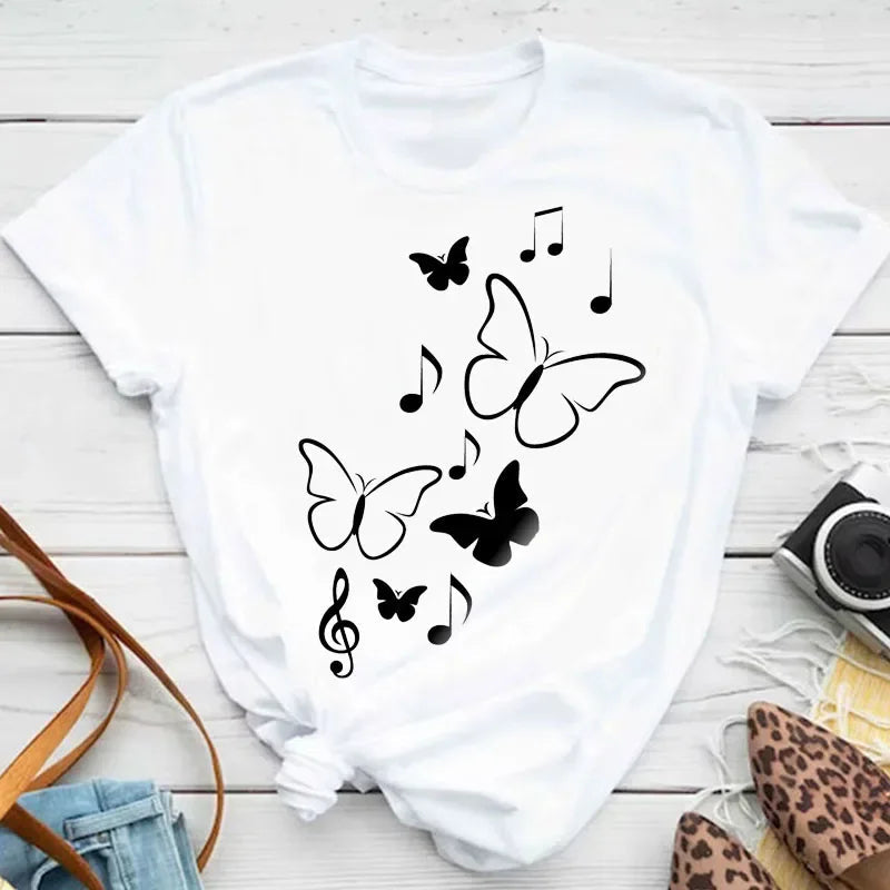 New Fashion Women T-shirt Colorful Butterfly Petal Print Short Sleeve and Round Neck Cute Graphic Tee Shirts Female Tops Clothin Quick Pick Grocers