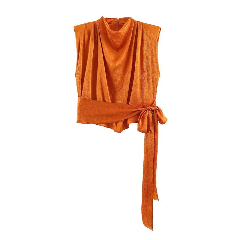 Women's Top 2026 Spring New Style Orange Sleeveless Satin Texture Long Ribbon Top Elegant and Stylish Unique Fashion Focus Quick Pick Grocers