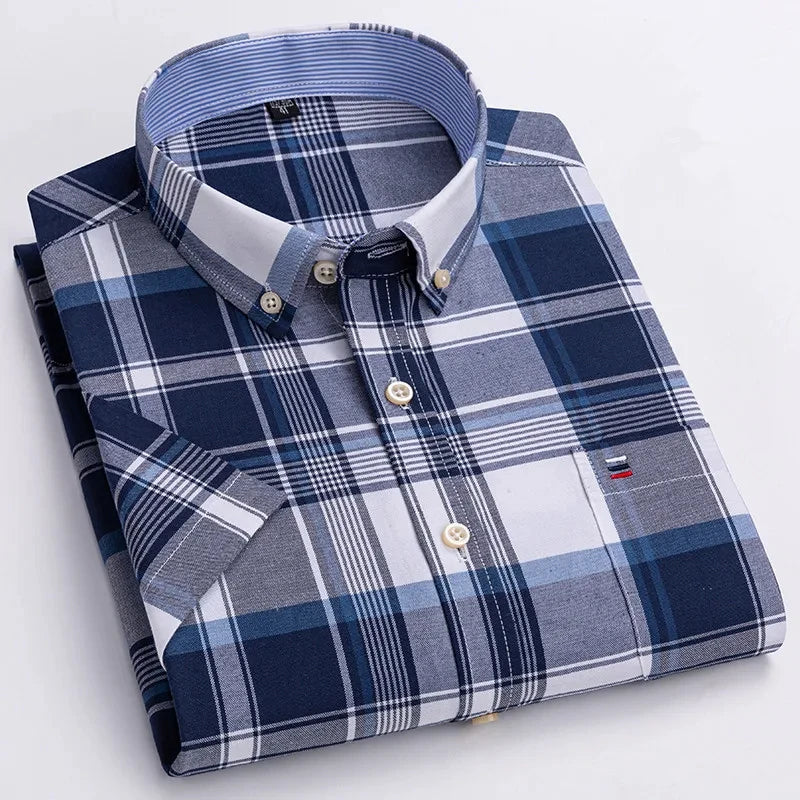 Men's high-quality Oxford cotton short sleeved shirt for summer comfort breathable classic solid color plaid business leisure Quick Pick Grocers