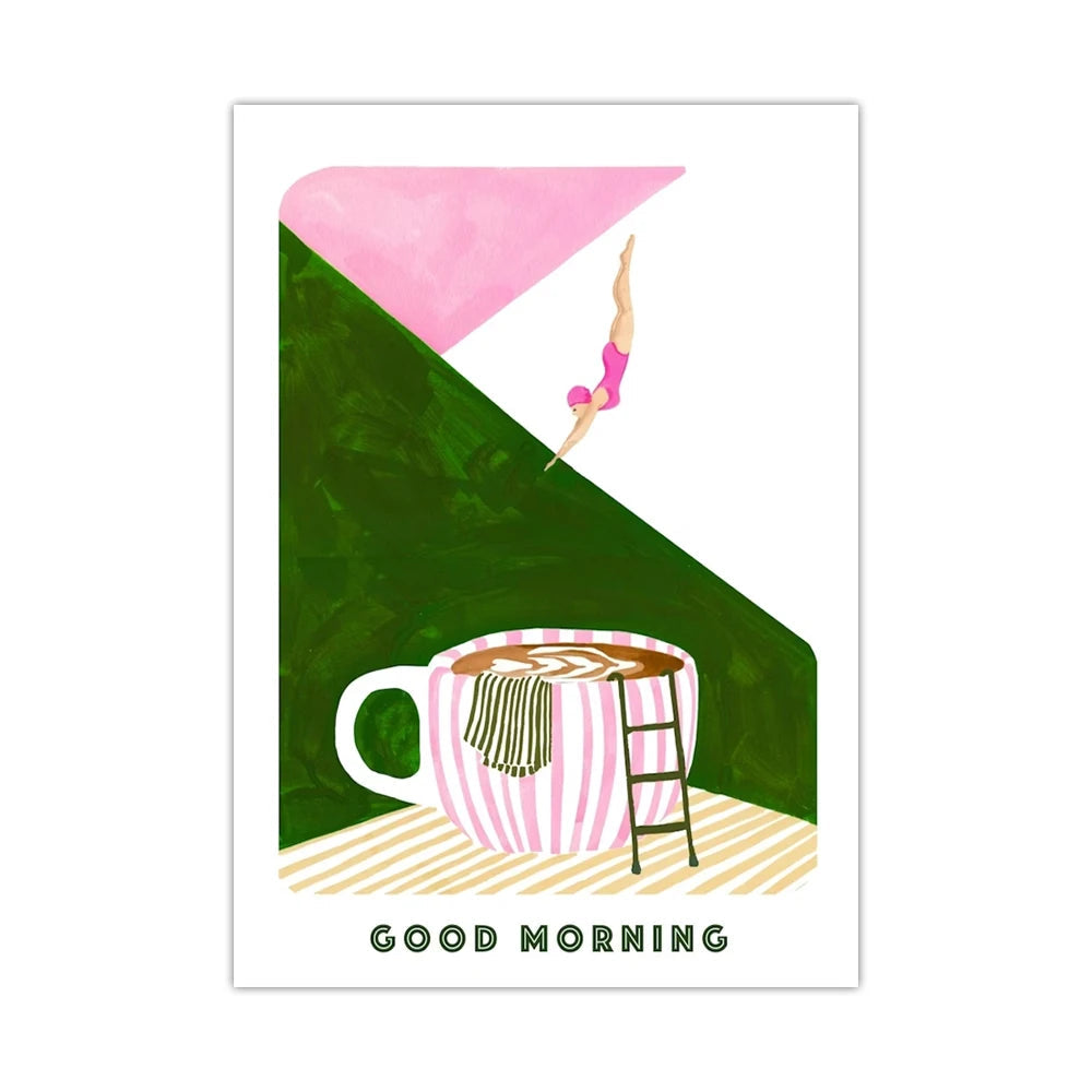 Retro Coffee Diving Poster Canvas Painting Good Morning Coffee Lover Print Wall Art for Living Room Home Kitchen Decor Frameless Quick Pick Grocers