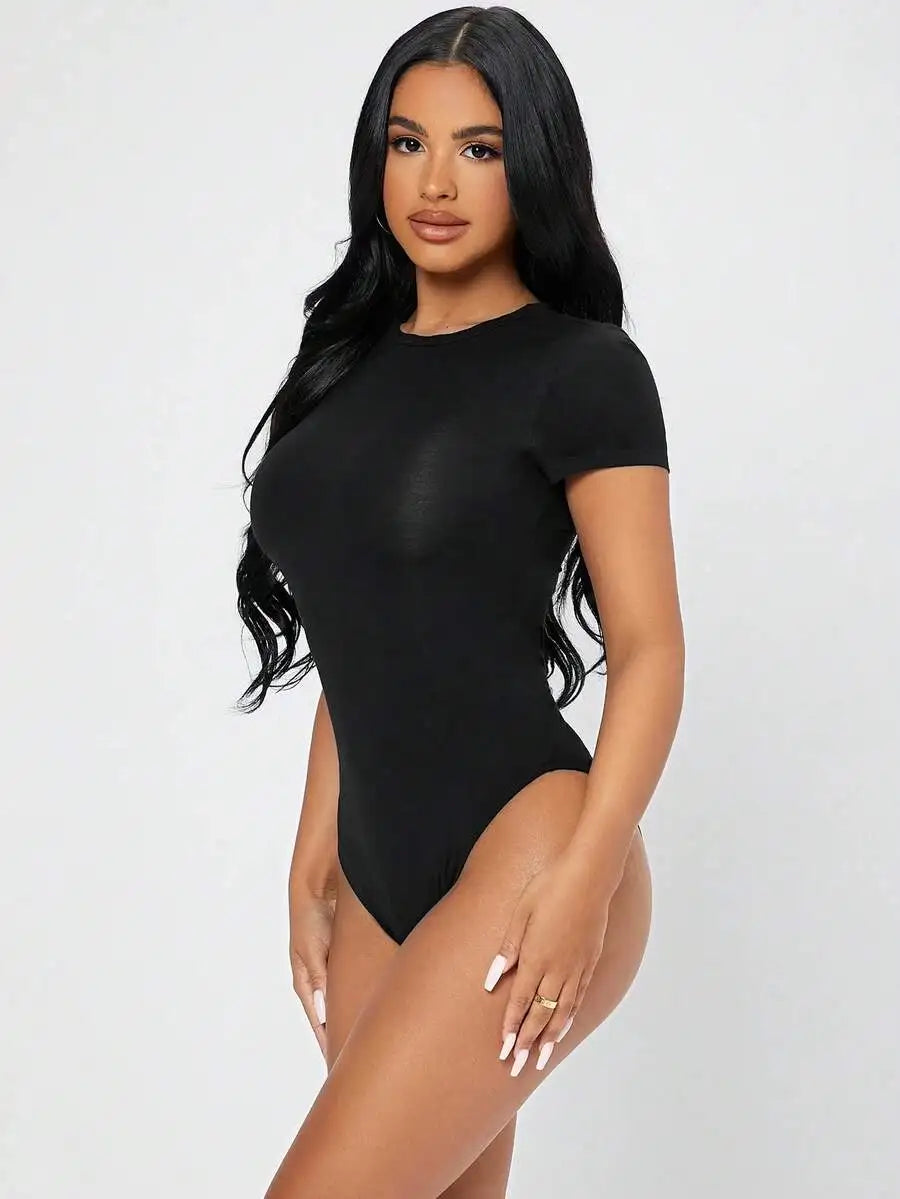 Petite Solid Slim Fit Short Sleeve Bodycon Bodysuit for Women Quick Pick Grocers