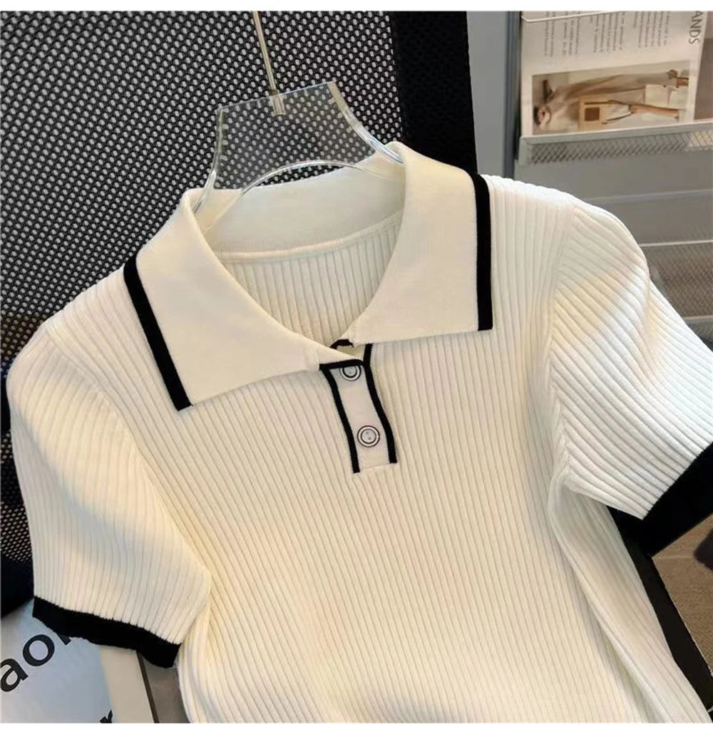 Ice silk knitted short sleeved T-shirt for women's summer 2024 new fashionable and stylish polo shirt top Quick Pick Grocers