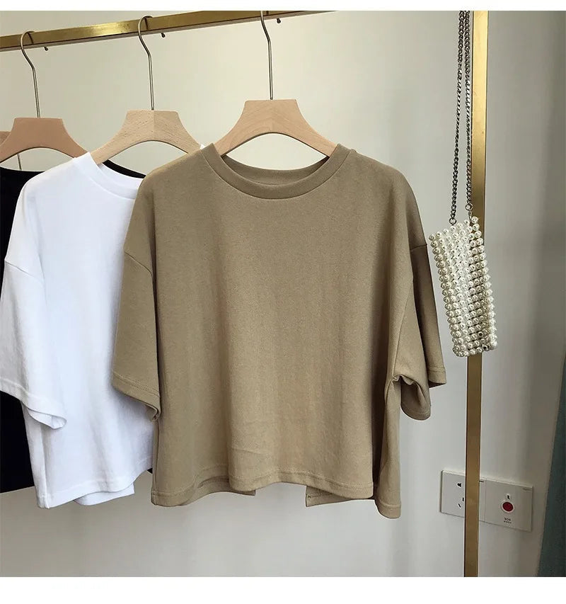 Summer New Ladies Casual Backless T-Shirt 2023 Korean Women Round Neck Loose Sweet Spicy Wind Short-Sleeved Crop Tops Quick Pick Grocers