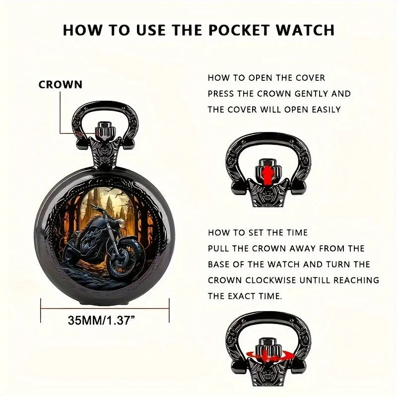 Vintage Black Motorcycle Quartz Pocket Watch, Necklace Pendant With World Time Feature,  Ideal Gift For Men & Women and Kids Quick Pick Grocers