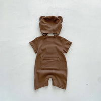 New In Summer Kids Baby Girls Boys Short Sleeve Waffle Patch Bear Infant Newborn Jumpsuits Cotton Romper Gift Hat with Ear Econic Blanks