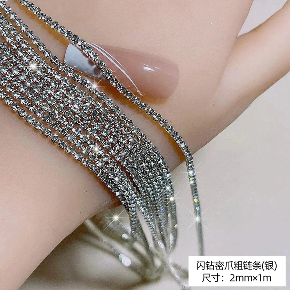 100/50cm Long Luxury Crystal Chain Nail Charms 1.5/2mm Shinying Clear/AB Diamond Nail Art Metal Steel French Manicure Crystal Econic Blanks