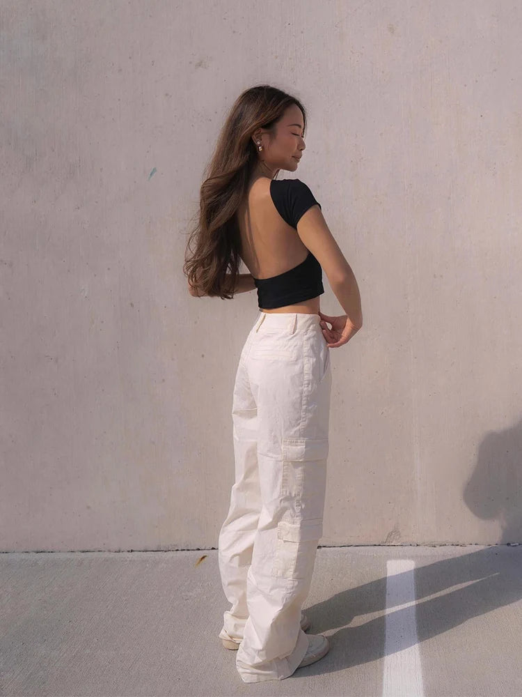 Women's O-neck Backless T-shirt Short Sleeve Solid Color Crop Top Summer Cute Baby Tee Y2K Clothes Bodycon Tunics Fashion Tank Quick Pick Grocers