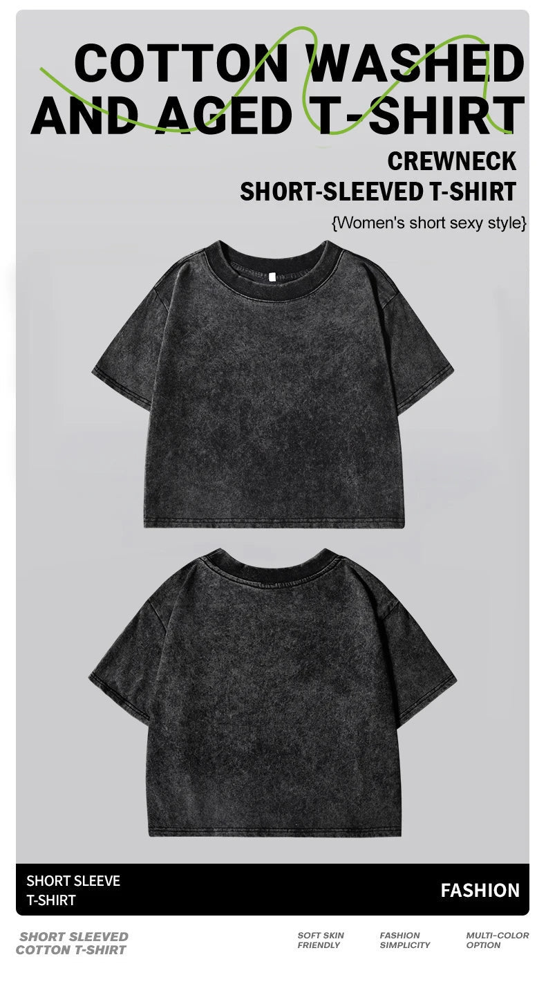 100% Cotton Washed T-Shirts For Women Loose O-Neck Crop Tops Y2k Street Female Clothes Summer Casual Vintage Short Sleeve Tees Quick Pick Grocers