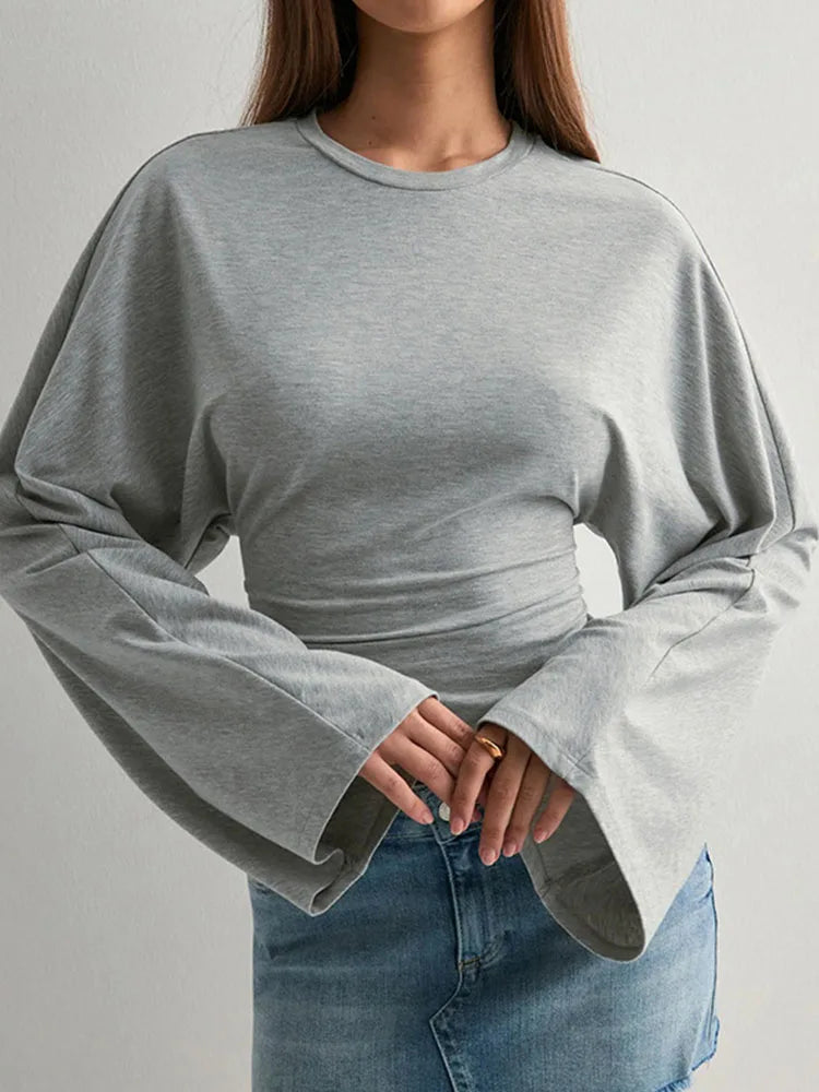Women's Long Sleeve O-Neck Skinny T-Shirt Monochromatic Crop Top Casual Y2K Streetwear Fashion Pullover Summer Outfit Quick Pick Grocers