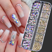 12Grids SS6-SS30 Mixed Nail Rhinestones Shiny Clear/Gold/Pink/Blue Diamond Flat-back Nail Gems Glass Stones Nails Decoration Econic Blanks