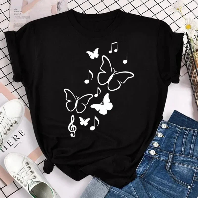 New Fashion Women T-shirt Colorful Butterfly Petal Print Short Sleeve and Round Neck Cute Graphic Tee Shirts Female Tops Clothin Quick Pick Grocers