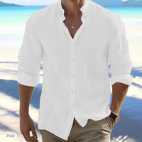 Cotton Linen Hot Sale Men's Long-Sleeved Shirts Summer Solid Color Stand-Up Collar Casual Beach Style Plus Size Quick Pick Grocers