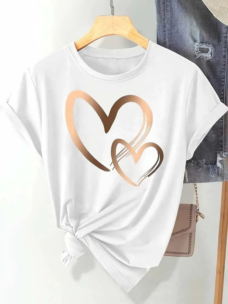 Summer New Fashion Women's Heart Printed T-shirt Trendy Casual Round Neck Top Short Sleeves Women T-shirt Women Clothing Quick Pick Grocers