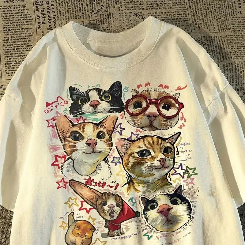 American Retro Fun Cartoon Cat Print Short-sleeved T-shirt Women's Summer Loose Top T-shirt Graphic T Shirts Women Clothing Y2K Quick Pick Grocers