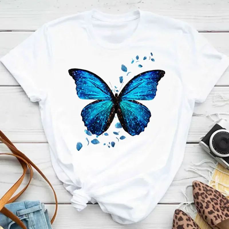 New Fashion Women T-shirt Colorful Butterfly Petal Print Short Sleeve and Round Neck Cute Graphic Tee Shirts Female Tops Clothin Quick Pick Grocers